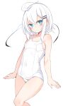  1girl bangs blue_eyes blush breasts covered_navel crossed_bangs hair_ornament hairclip highres old_school_swimsuit original otokuyou ringo-chan_(otokuyou) school_swimsuit short_hair small_breasts swimsuit tail white_background white_hair white_one-piece_swimsuit 
