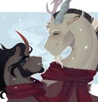  antlers beard black_mane blush brown_body brown_fur chimera digital_media_(artwork) discord_(mlp) draconequus duo equid equine eyebrows facial_hair feral friendship_is_magic fur ghoulhowls grey_body grey_fur hasbro horn inner_ear_fluff king_sombra_(mlp) male mammal mane my_little_pony red_eyes scarf signature smile snow snowing tuft unicorn winter 