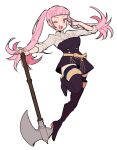  1girl axe bangs blunt_bangs do_m_kaeru fire_emblem fire_emblem:_three_houses garreg_mach_monastery_uniform halberd hilda_valentine_goneril holding holding_axe holding_weapon one_eye_closed open_mouth pink_eyes pink_hair polearm simple_background solo twintails v weapon white_background 