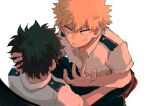  2boys anger_vein angry back bakugou_katsuki bangs black_pants blonde_hair boku_no_hero_academia buttons closed_mouth collarbone collared_shirt dango_(uni_520) english_commentary fingernails green_hair grey_eyes grey_shirt hair_between_eyes hand_on_another&#039;s_head hands_up highres looking_at_another midoriya_izuku multiple_boys pants red_footwear shirt shoes short_hair short_sleeves simple_background teeth v-shaped_eyebrows white_background 