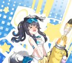  &gt;_&lt; 1girl animal_ears bare_arms bare_shoulders black_hair blue_archive blush breasts cheerleader closed_eyes dog_ears dog_tail eyewear_on_head firing goggles goggles_on_head halo hibiki_(blue_archive) hibiki_(cheerleader)_(blue_archive) holding holding_pom_poms kaede_(yumesaki_kaede) mortar_(weapon) mortar_shell nose_blush open_mouth pom_pom_(cheerleading) skirt small_breasts solo sticker_on_arm tail tail_wagging 