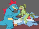  absurd_res anthro benji_(artist) blush bodily_fluids face_fucking feral feraligatr generation_2_pokemon generation_3_pokemon group grovyle hi_res irrumatio male male/male nintendo oral penile pokemon pokemon_(species) riding saliva sex size_difference swampert trio video_games 