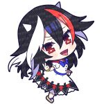  1girl black_hair blue_bow blue_bowtie bow bowtie bracelet chibi dress full_body hair_between_eyes highres horns jewelry kijin_seija looking_at_viewer multicolored_hair open_mouth red_eyes red_hair short_hair short_sleeves simple_background smile solo streaked_hair tongue tongue_out touhou v white_background white_dress white_hair yoriteruru 