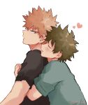  2boys absurdres alternate_hair_color artist_name bakugou_katsuki bangs black_shirt blue_shirt blush boku_no_hero_academia brown_hair closed_eyes dango_(uni_520) english_commentary fingernails hair_between_eyes hands_up heart highres hug hug_from_behind light_brown_hair looking_at_another looking_back midoriya_izuku multiple_boys open_mouth shirt short_hair short_sleeves standing t-shirt tongue v-shaped_eyebrows yaoi 