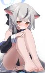  1girl animal_ear_fluff animal_ears barefoot between_thighs black_dress blue_archive blush brown_eyes china_dress chinese_clothes covering covering_crotch dress feet grey_hair highres knees_to_chest knees_up kokona_(blue_archive) legs long_hair looking_at_viewer miniskirt multicolored_hair namaonpa sitting skirt sleeveless sleeveless_dress solo streaked_hair striped striped_dress thighs tiger_ears tiger_girl toes vertical-striped_dress vertical_stripes very_long_hair white_skirt 