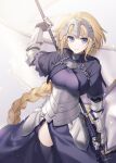  1girl absurdres armor armored_dress black_thighhighs blonde_hair braid breasts chain fate/apocrypha fate/grand_order fate_(series) faulds flag gauntlets headpiece highres holding holding_flag jeanne_d&#039;arc_(fate) jeanne_d&#039;arc_(ruler)_(fate) large_breasts long_braid long_hair machi_futo plackart purple_eyes single_braid solo standard_bearer thighhighs very_long_hair 