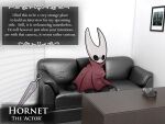  2020 4:3 anthro arthropod biped black_body breasts camera casting_couch character_name cloak clothed clothing crystaluranium dialogue english_text fecharis female furniture hollow_knight hornet&#039;s_needle hornet_(hollow_knight) insect inside interview meme photo_background recording red_cloak silksong sitting sofa solo team_cherry text text_box video_games weapon white_body 