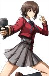  1girl black_socks blue_ribbon brown_eyes brown_footwear brown_hair collared_shirt commentary cosplay dress finger_on_trigger girls_und_panzer grey_dress gun highres holding holding_gun holding_weapon leg_up loafers looking_at_viewer lycoris_recoil lycoris_uniform neck_ribbon nishikigi_chisato nishikigi_chisato_(cosplay) nishizumi_maho omachi_(slabco) pleated_dress red_dress ribbon shirt shoes short_hair simple_background socks solo two-tone_dress weapon white_background white_shirt 