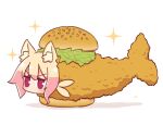  1girl animal_ear_fluff animal_ears bangs blonde_hair burger commentary_request fish_burger food fox_ears fried_fish full_body hair_between_eyes kemomimi-chan_(naga_u) looking_away naga_u original purple_eyes shadow simple_background solo sparkle v-shaped_eyebrows white_background 