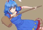  1girl :&lt; animal_ears blue_dress blue_hair breasts dress expressionless kakone kine large_breasts looking_at_viewer mallet outline rabbit_ears red_eyes seiran_(touhou) short_sleeves solo star_(symbol) star_print touhou white_outline 