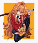 1girl 1other absurdres aisaka_taiga animal black_thighhighs brown_eyes brown_hair buttons collared_shirt highres jacket long_hair neck_ribbon red_jacket ribbon school_uniform shiren_(ourboy83) shirt shoes simple_background sitting sword thighhighs tiger toradora! two-tone_background weapon wooden_sword 