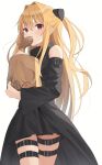  1girl bag bare_shoulders belt black_belt black_dress black_sleeves blonde_hair commentary_request detached_sleeves dress food food_in_mouth hair_intakes highres holding holding_bag konjiki_no_yami leg_belt long_hair long_sleeves mouth_hold paper_bag red_eyes simple_background skindentation sleeveless sleeveless_dress solo taiyaki to_love-ru to_love-ru_darkness two_side_up very_long_hair wagashi white_background wide_sleeves yuzuzukushi 