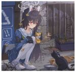  1girl absurdres animal_ears autumn_leaves bangs bird black_gloves black_hair blue_archive blue_serafuku blue_shirt blue_skirt blush bolt_action bowl bright_pupils can cat closed_mouth fake_animal_ears gloves green_neckerchief gun highres holding holding_can hxxg long_hair looking_down miyu_(blue_archive) mosin-nagant neckerchief outdoors pantyhose pet_bowl rabbit_ears red_eyes rifle road sailor_collar school_uniform serafuku shirt shoes skirt sneakers squatting street weapon white_footwear white_pantyhose white_pupils white_sailor_collar 