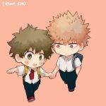  2boys arm_up artist_name bag bakugou_katsuki bangs black_pants blue_bag blush boku_no_hero_academia brown_footwear brown_hair chibi closed_mouth collared_shirt dango_(uni_520) english_commentary green_eyes green_hair hair_between_eyes hand_in_pocket hand_up highres light_brown_hair looking_at_another looking_to_the_side midoriya_izuku multiple_boys necktie open_mouth pants pink_background red_eyes red_footwear red_necktie running shirt shoes short_hair short_sleeves simple_background smile walking white_shirt 