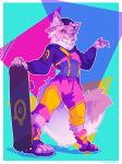 absurd_res amaverse ambiguous_gender anthro clothed clothing domestic_cat felid feline felis fluffy fluffy_tail furryviza graffiti hat headgear headwear hi_res mammal neck_tuft overalls patoune paws pink_body skateboard smile solo teeth tuft 