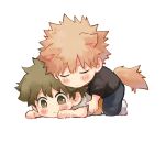  2boys animal_ears arms_up bakugou_katsuki bangs black_shirt blush boku_no_hero_academia brown_hair brown_shorts chibi closed_eyes closed_mouth dango_(uni_520) dog_ears dog_tail english_commentary green_eyes green_hair grey_pants grey_shirt hair_between_eyes hands_up highres light_brown_hair looking_to_the_side lying midoriya_izuku multiple_boys on_stomach pants pocket seiza shirt shoes short_hair short_sleeves shorts simple_background sitting sneakers t-shirt tail tears v-shaped_eyebrows white_background white_footwear yaoi 