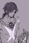  1boy bangs closed_mouth commentary_request expressionless gauntlets gloves greyscale highres jewelry looking_afar love_morocc male_focus monochrome muscular muscular_male necklace nipples obliques ragnarok_online scar scar_on_chest short_hair short_ponytail solo sura_(ragnarok_online) upper_body 