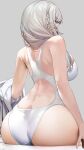  1girl ass ass_focus bangs bare_shoulders blush breasts closed_eyes commentary_request fingernails from_behind grey_background grey_hair hair_over_shoulder highleg highleg_swimsuit highres holding jacket jacket_removed large_breasts long_hair marushin_(denwa0214) one-piece_swimsuit shiny shiny_skin simple_background sitting solo swimsuit thighs uzaki-chan_wa_asobitai! uzaki_tsuki white_one-piece_swimsuit 