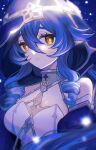  1girl blue_hair blue_hood genshin_impact highres layla_(genshin_impact) looking_at_viewer mokota parted_lips ringlets solo upper_body yellow_eyes 