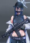  1girl absurdres assault_rifle bangs baseball_cap belt black_gloves black_headwear black_mask blue_archive blue_eyes blue_hair blue_pants blue_shirt feet_out_of_frame gloves grey_background gun hat highres holding holding_gun holding_weapon jacket jacket_pull lithographica long_hair long_sleeves looking_at_viewer masked open_clothes open_jacket pants rifle saori_(blue_archive) shirt sig_516 solo standing twitter_username weapon white_jacket 