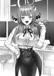  1girl :d aru_(blue_archive) blue_archive blush breasts greyscale halo hand_on_hip highres horns kojima_saya long_hair looking_at_viewer monitor monochrome open_mouth skirt smile solo teeth 
