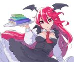  1girl alternate_costume bat_wings book book_stack breasts enmaided exkagerou8665 hair_between_eyes head_wings highres holding holding_book holding_tray koakuma long_hair looking_at_viewer maid necktie pointy_ears red_hair red_necktie solo touhou tray wings 