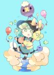  1girl :o balloon baron_(x5qgeh) black_footwear black_headwear blouse blue_background blush_stickers boots bow bright_pupils buttons chibi cloud commentary diamond_button drifloon frilled_shirt_collar frilled_skirt frilled_sleeves frills green_eyes green_hair green_skirt hat hat_bow highres holding komeiji_koishi long_sleeves looking_at_viewer medium_hair open_mouth pokemon shirt simple_background skirt solo touhou white_pupils wide_sleeves yellow_bow yellow_shirt 