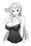  1girl :o artist_name bangs black_dress breasts cleavage collarbone covered_navel curled_fingers dress greyscale hand_up heart highres korean_commentary large_breasts long_bangs long_hair looking_at_viewer monochrome open_mouth original parted_bangs pointy_ears shrug_(clothing) sigma_2018 simple_background solo spark stomach upper_body white_background 