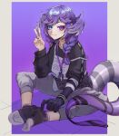  1girl black_gloves black_sweater blue_eyes feet gloves grey_pants hair_ornament hair_wings hairclip heterochromia highres k-rha&#039;s lizard_tail long_sleeves looking_at_viewer medium_hair nail_polish nijisanji nijisanji_en on_ground pants purple_background purple_eyes purple_hair purple_socks selen_tatsuki sitting socks solo sweater sweatpants tail v virtual_youtuber 