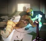 2boys at4190_(user_vzac7788) back camera charger cioccolata curtains highres holding holding_camera indoors jojo_no_kimyou_na_bouken looking_at_viewer lying multiple_boys oasis_(stand) on_stomach paper pov purple_eyes secco shadow stand_(jojo) vento_aureo wooden_floor 