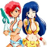  2girls ;d aiming_at_viewer asymmetrical_gloves blue_eyes blue_hair breasts brown_eyes cleavage collarbone crop_top dirty_pair gloves gun handgun highleg_shorts highres hip_vent holding holding_gun holding_weapon kei_(dirty_pair) large_breasts long_hair looking_at_viewer macla medium_hair micro_shorts midriff multiple_girls navel no_bra one_eye_closed open_mouth red_hair shiny shiny_hair shorts simple_background single_glove sleeveless smile standing stomach very_long_hair weapon white_background white_gloves white_shorts wristband yellow_gloves yellow_shorts yuri_(dirty_pair) 