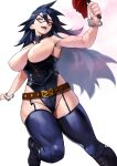  1girl absurdres black_hair blue_eyes boku_no_hero_academia breasts collarbone garter_straps highres holding holding_whip large_breasts leotard long_hair looking_at_viewer mask midnight_(boku_no_hero_academia) mole mole_under_eye no_nipples pose smile solo spread_legs thighs whip yoshio_(55level) 