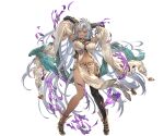  1girl arms_up bangs black_horns black_thighhighs breasts cleavage dark-skinned_female dark_skin detached_sleeves dragon_horns fangs fediel_(granblue_fantasy) full_body granblue_fantasy hair_between_eyes high_heels horns large_breasts long_hair looking_at_viewer minaba_hideo navel non-web_source open_mouth pelvic_curtain purple_eyes single_thighhigh smile solo thighhighs transparent_background very_long_hair 