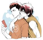  2boys ace_of_diamond arm_around_shoulder brown_eyes brown_hair cellphone egg_(cknlun) glasses holding holding_phone kuramochi_youichi messy_hair miyuki_kazuya multiple_boys orange_shirt phone shirt short_sleeves simple_background t-shirt upper_body yaoi yellow_shirt 