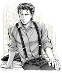  1boy ace_of_diamond black_pants egg_(cknlun) greyscale jacket jacket_removed looking_at_viewer male_focus monochrome pants short_hair sitting sleeves_rolled_up solo suspenders takigawa_chris_yuu 