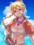  1girl bandages blonde_hair blue_eyes breasts chrono_cross cleavage cloud crop_top facial_mark gloves high_ponytail jewelry kid_(chrono_cross) knife long_hair looking_at_viewer midriff multi-tied_hair navel necklace ponytail smile solo souyou26 vest 