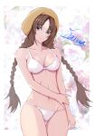  1girl absurdres arm_across_waist bangs bare_shoulders blush border bra braid breasts brown_eyes brown_hair commission embarrassed hair_between_eyes hand_on_own_arm highres honma_(honmatomohiro) ling_shen_hua lingerie long_hair looking_at_viewer medium_breasts midriff multicolored_background navel outside_border panties parted_bangs raised_eyebrows shenmue shenmue_the_animation signature skeb_commission solo standing thighs twin_braids underwear white_border white_bra white_panties yellow_headwear 