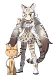  1girl absurdres animal_ear_fluff animal_ears bow bowtie cat_ears cat_girl cat_tail closed_mouth extra_ears geoffroy&#039;s_cat_(kemono_friends) green_eyes grey_hair highres kawanami_eito kemono_friends kemono_friends_v_project kneehighs long_hair looking_at_viewer microphone multicolored_hair parody pokemon ribbon shirt shoes simple_background skirt socks tail twintails virtual_youtuber 