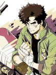  1boy black_shirt brown_eyes brown_hair clenched_hand egg_(cknlun) forked_eyebrows green_jacket ground_vehicle hand_wraps jacket joe_(megalo_box) male_focus megalo_box motor_vehicle motorcycle outdoors scar scar_on_cheek scar_on_face shirt short_hair solo thick_eyebrows 