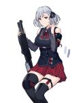 1girl absurdres arm_up bangs black_ribbon black_thighhighs braid breasts closed_mouth elinnasky feet_out_of_frame french_braid girls&#039;_frontline grey_hair grey_shirt gun hair_ribbon highres holding holding_gun holding_weapon knee_pads light_smile long_sleeves looking_at_viewer medium_breasts medium_hair red_eyes red_skirt revision ribbon shirt shotgun single_knee_pad sitting skirt solo spas-12 spas-12_(girls&#039;_frontline) thighhighs weapon white_background 