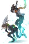  1boy 1girl brown_hair dark-skinned_male dark_skin eunie_(xenoblade) glasses glowing head_wings hige_(yosemite) highres hood hooded_jacket jacket motion_blur scarf taion_(xenoblade) twitter_username white_background xenoblade_chronicles_(series) xenoblade_chronicles_3 