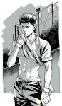  1boy abs ace_of_diamond baseball_bat day egg_(cknlun) fence gloves holding holding_baseball_bat kuramochi_youichi lifted_by_self male_focus monochrome navel outdoors shirt solo standing sweat t-shirt toned 