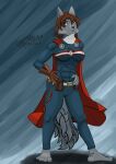  absurd_res anthro brown_hair canid canine canis clothing female fur grey_body grey_fur hair hero hi_res katherine_dickens looking_at_viewer mammal red_cape solo tagme wolf xefino 