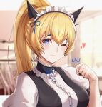  1girl ;) absurdres animal_ears black_nails black_vest blonde_hair blue_eyes blue_ribbon cat_ears closed_mouth dress_shirt fake_animal_ears hair_ribbon high_ponytail highres long_hair looking_at_viewer maid_headdress nail_polish neck_ribbon one_eye_closed paw_pose ribbon shiina_mayuri shiny shiny_hair shirt short_sleeves smile solo steins;gate unique_(pixiv12704744) upper_body very_long_hair vest white_shirt 