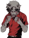 1boy belt blood blood_on_hands egg_(cknlun) fighting_stance highres joe_(megalo_box) looking_at_viewer male_focus medium_hair megalo_box monochrome red_eyes red_shirt red_theme shirt simple_background solo t-shirt upper_body white_background 
