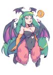  ! 1girl absurdres animal_print bangs bare_shoulders bat_print blunt_bangs breasts cleavage collarbone covered_navel elbow_gloves full_body gloves green_eyes green_hair head_wings highres large_breasts leotard long_hair looking_at_viewer morrigan_aensland open_mouth poorsdraws print_legwear simple_background solo spoken_exclamation_mark thick_thighs thighs tsurime vampire_(game) white_background wings 