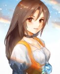  1girl black_choker black_hair breasts brown_eyes cat_cat_mammoth choker closed_mouth cloud final_fantasy final_fantasy_ix garnet_til_alexandros_xvii highres jewelry long_hair looking_at_viewer necklace smile solo 
