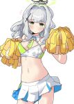  1girl absurdres blue_archive blush breasts cheerleader green_eyes grey_hair groin hair_intakes hair_ornament hairclip halo hare_(blue_archive) highres looking_at_viewer midriff mureniii navel pleated_skirt pom_pom_(cheerleading) ponytail skirt small_breasts solo 