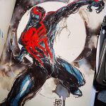 1boy airborne blue_bodysuit bodysuit claws english_commentary mar-c! marvel mask moon open_hand photo_(medium) silk spider-man_(2099) spider-man_(series) spider_web superhero traditional_media 