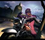  1boy at4190_(user_vzac7788) bangs blue_sky blurry blurry_background building closed_mouth cloud cloudy_sky gloves green_eyes ground_vehicle highres italy jojo_no_kimyou_na_bouken long_hair long_sleeves looking_at_viewer mask melone motor_vehicle motorcycle outdoors pants purple_gloves purple_hair purple_pants purple_shirt shirt single_sleeve sitting sky smile solo vento_aureo 